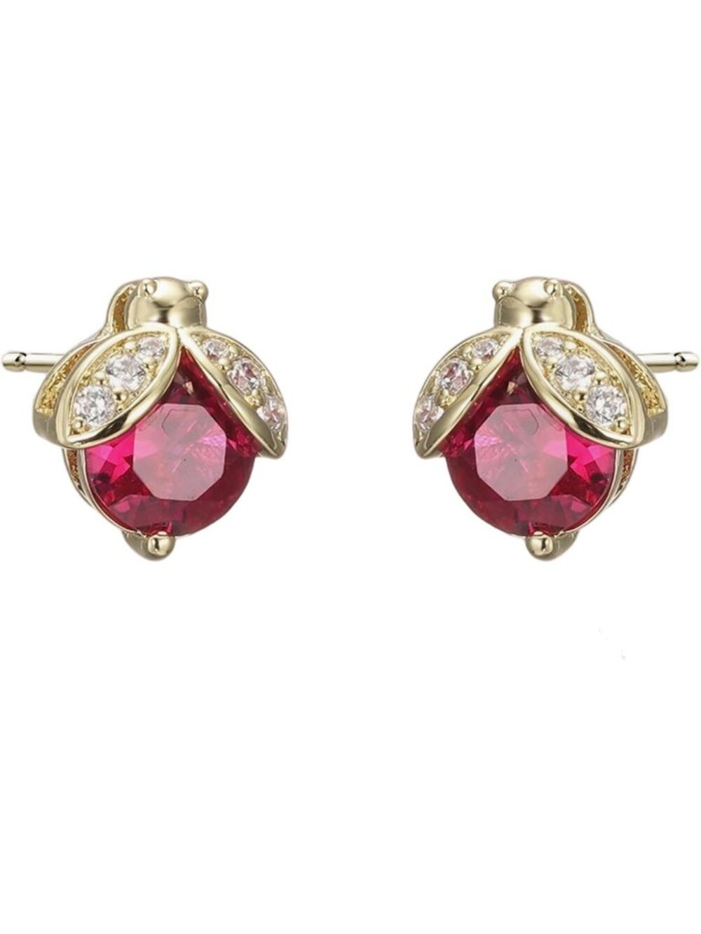 Dainty Ladybug Stud Earrings, July Birthstone Ruby Zirconia, 18K Gold-Plated